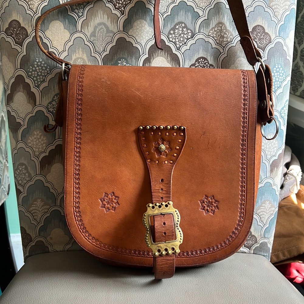 Vintage leather folk art crossbody